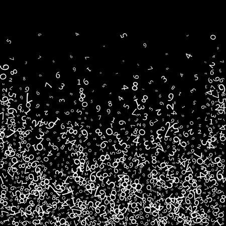 Falling numbers, big data concept. Binary white messy flying digits. Fantastic futuristic banner on black background. Digital vector illustration with falling numbers.のイラスト素材