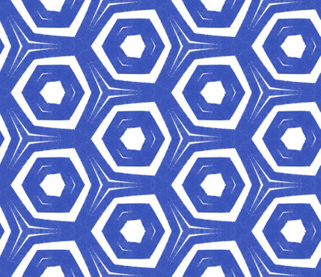 Ikat repeating swimwear design. Indigo symmetrical kaleidoscope background. Summer ikat swimwear...