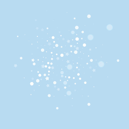 Snowfall overlay christmas background. Subtle flying snow flakes and stars on light blue winter backdrop. Festive snowfall overlay. Square vector illustration.のイラスト素材