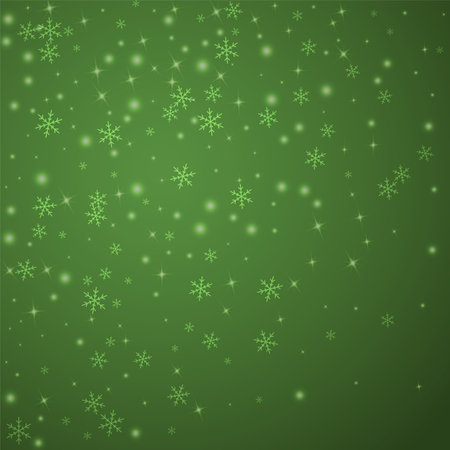 Falling snowflakes christmas background. Subtle flying snow flakes and stars on christmas green background. Beautifully falling snowflakes overlay. Square vector illustration.のイラスト素材