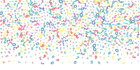 Falling colorful messy numbers. Math study concept with flying digits. Alive back to school mathematics banner on white background. Falling numbers vector illustration.のイラスト素材