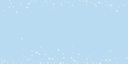 Snowy christmas background. Subtle flying snow flakes and stars on light blue winter backdrop. Delicate sweet snowy christmas. Wide vector illustration.のイラスト素材