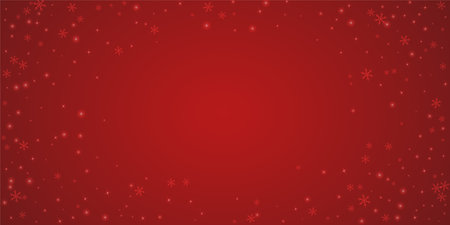 Falling snowflakes christmas background. Subtle flying snow flakes and stars on christmas red background. Beautifully falling snowflakes overlay. Wide vector illustration.のイラスト素材