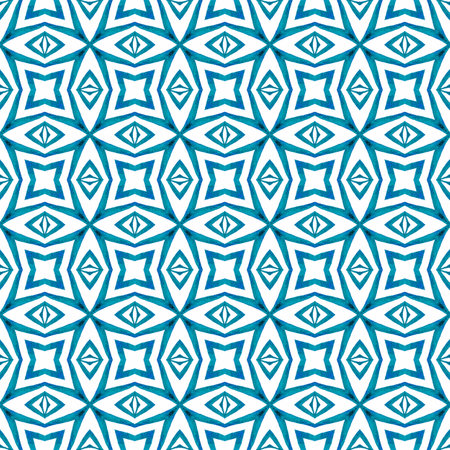 Hand painted tiled watercolor border. Blue flawless boho chic summer design. Tiled watercolor background. Textile ready pleasant print, swimwear fabric, wallpaper, wrapping.の写真素材
