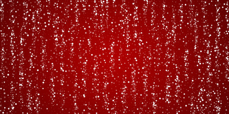 Snowy christmas background. Subtle flying snow flakes and stars on christmas red background. Delicate sweet snowy christmas. Wide vector illustration.のイラスト素材