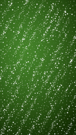 Falling snowflakes christmas background. Subtle flying snow flakes and stars on christmas green background. Beautifully falling snowflakes overlay. Vertical vector illustration.のイラスト素材
