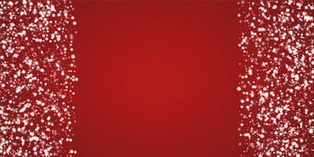 Falling snowflakes christmas background. Subtle flying snow flakes and stars on christmas red background. Beautifully falling snowflakes overlay. Wide vector illustration.のイラスト素材