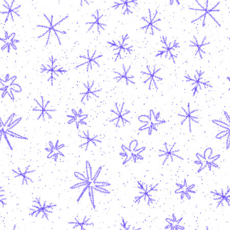 Hand Drawn Snowflakes Christmas Seamless Pattern. Subtle Flying Snow Flakes on chalk snowflakes Background. Alive chalk handdrawn snow overlay. Graceful holiday season decoration.の写真素材