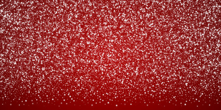 Beautiful snowfall christmas background. Subtle flying snow flakes and stars on christmas red background. Beautiful snowfall overlay template. Wide vector illustration.のイラスト素材