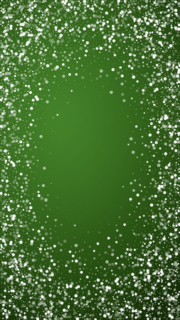 Snowfall overlay christmas background. Subtle flying snow flakes and stars on christmas green background. Festive snowfall overlay. Vertical vector illustration.のイラスト素材
