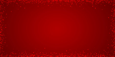 Magic falling snow christmas background. Subtle flying snow flakes and stars on christmas red background. Magic falling snow holiday scenery. Wide vector illustration.のイラスト素材