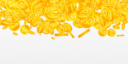 Russian ruble coins falling. Scattered gold RUB coins. Russia money. Jackpot wealth or success concept. Wide vector illustration.のイラスト素材