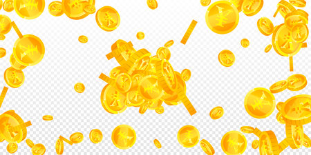 Chinese yuan coins falling. Scattered gold CNY coins. China money. Global financial crisis concept. Wide vector illustration.のイラスト素材