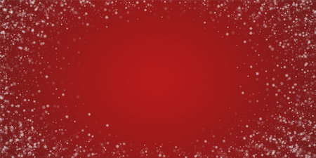 Beautiful snowfall christmas background. Subtle flying snow flakes and stars on christmas red background. Beautiful snowfall overlay template. Wide vector illustration.のイラスト素材