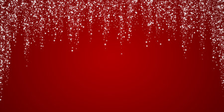 Magic falling snow christmas background. Subtle flying snow flakes and stars on christmas red background. Magic falling snow holiday scenery. Wide vector illustration.のイラスト素材
