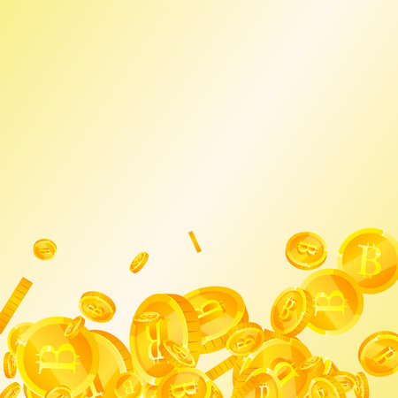 Bitcoin coins falling. Cryptocurrency scattered gold BTC coins. Internet currency. Great business success concept. Square vector illustration.のイラスト素材