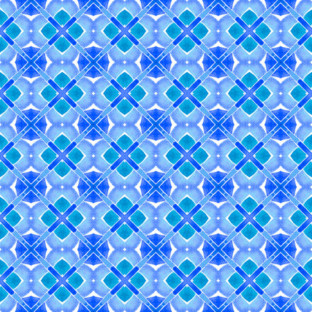 Textile ready energetic print, swimwear fabric, wallpaper, wrapping. Blue gorgeous boho chic summer design. Tiled watercolor background. Hand painted tiled watercolor border.の写真素材