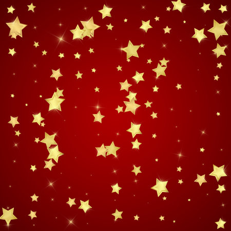 Magic stars vector overlay. Gold stars scattered around randomly, falling down, floating. Chaotic dreamy childish overlay template. Enchanting vector with magic stars on red background.のイラスト素材
