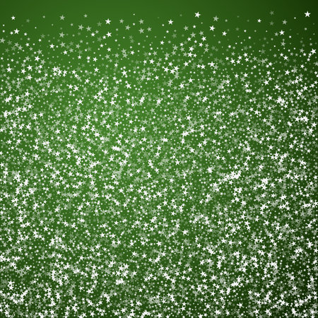 Magic falling snow christmas background. Subtle flying snow flakes and stars on christmas green background. Magic falling snow holiday scenery. Square vector illustration.のイラスト素材