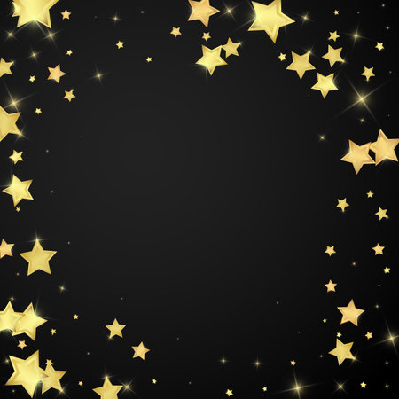 Magic stars vector overlay. Gold stars scattered around randomly, falling down, floating. Chaotic dreamy childish overlay template. Miraculous starry night vector on black background.のイラスト素材