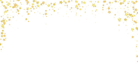 Magic stars vector overlay. Gold stars scattered around randomly, falling down, floating. Chaotic dreamy childish overlay template. Magical cartoon night sky on white background.のイラスト素材