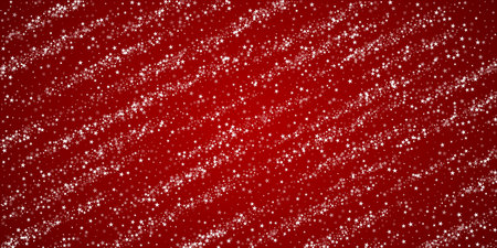 Snowy christmas background. Subtle flying snow flakes and stars on christmas red background. Delicate sweet snowy christmas. Wide vector illustration.のイラスト素材
