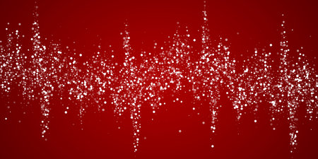 Magic falling snow christmas background. Subtle flying snow flakes and stars on christmas red background. Magic falling snow holiday scenery. Wide vector illustration.のイラスト素材