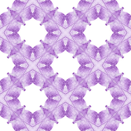 Hand painted tiled watercolor border. Purple neat boho chic summer design. Tiled watercolor background. Textile ready interesting print, swimwear fabric, wallpaper, wrapping.の写真素材