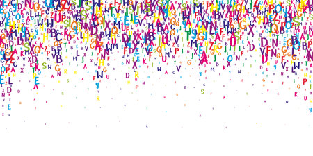 Scattered letters of latin alphabet. Colorful childish floating characters of English language. Foreign languages study concept. Back to school banner on white background.のイラスト素材