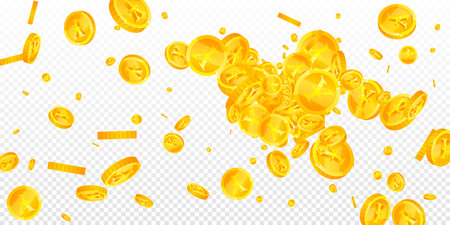Japanese yen coins falling. Scattered gold JPY coins. Japan money. Great business success concept. Wide vector illustration.のイラスト素材