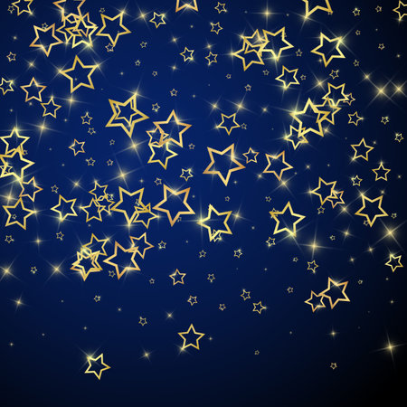 Twinkle stars scattered around randomly, flying, falling down, floating. Christmas celebration concept. Festive stars vector illustration on dark blue background.のイラスト素材