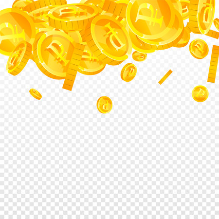 Russian ruble coins falling. Scattered gold RUB coins. Russia money. Jackpot wealth or success concept. Square vector illustration.のイラスト素材