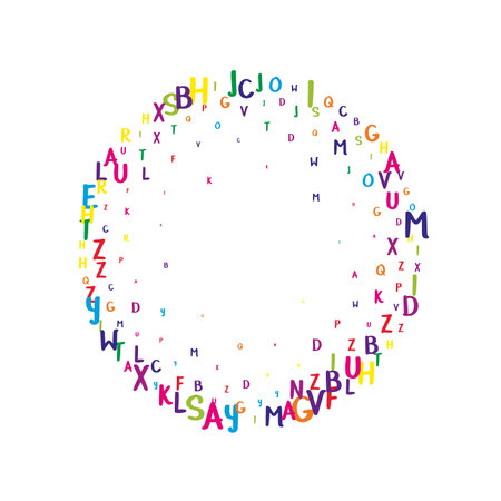 School notebook cover. Colorful childish floating letters of Latin alphabet. Foreign languages study concept. Back to school banner on white background.のイラスト素材