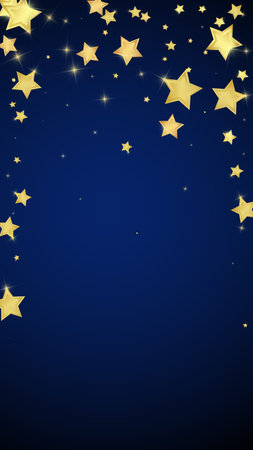 Magic stars vector overlay. Gold stars scattered around randomly, falling down, floating. Chaotic dreamy childish overlay template. Vector magic overlay on dark blue background.のイラスト素材