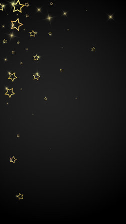 Gold sparkling star confetti. Chaotic dreamy childish overlay template. Festive stars vector illustration on black background.のイラスト素材