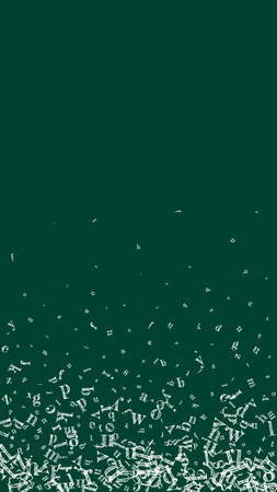 Falling letters of English language. White chalk characters of Latin alphabet. Foreign languages study concept. Back to school banner on blackboard background.のイラスト素材