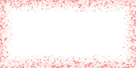 Falling hearts valentine card template. Red hearts scattered on white background. Chaotic falling hearts vector illustration.のイラスト素材