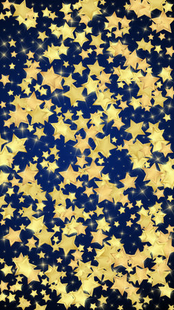 Magic stars vector overlay. Gold stars scattered around randomly, falling down, floating. Chaotic dreamy childish overlay template. Vector magic overlay on dark blue background.のイラスト素材