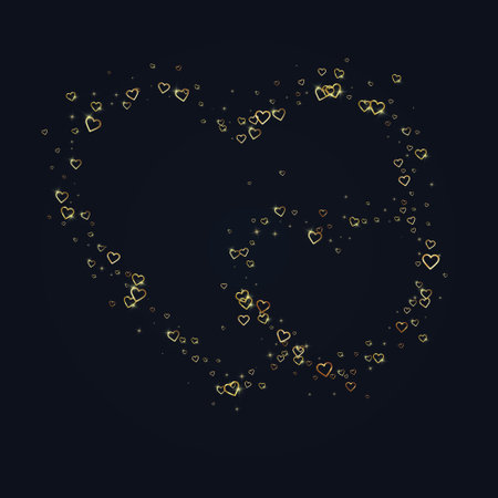 Flying hearts for valentines day. Gold hearts scattered on black background. Beautiful flying hearts vector illustration.のイラスト素材