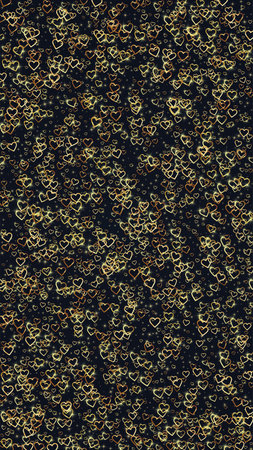 Flying hearts for valentine's day. Gold hearts scattered on black background. Beautiful flying...