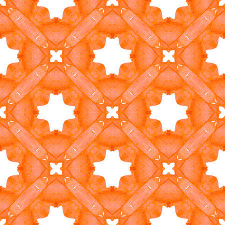Watercolor medallion seamless border. Orange stylish boho chic summer design. Textile ready delightful print, swimwear fabric, wallpaper, wrapping. Medallion seamless pattern.の写真素材