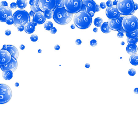 Magnesium round capsules scattered randomly. Beauty treatment and nutrition skin care. Wellness concept. Medical and scientific background.のイラスト素材