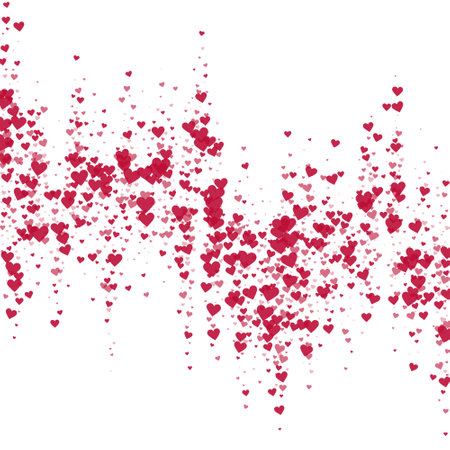 Falling hearts valentine card template. Red hearts scattered on white background. Chaotic falling hearts vector illustration.のイラスト素材