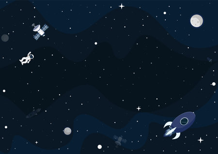Space cartoon background. Cute design for landing page, banner or wallpaper. Planets and stars in the open space. Childish galaxy scene. Space cartoon vector illustration.のイラスト素材
