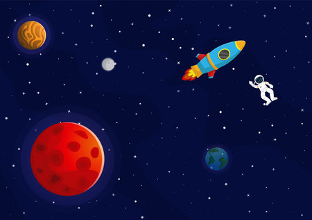 Space cartoon background. Cute design for landing page, banner or wallpaper. Planets and stars in the open space. Childish galaxy scene. Space cartoon vector illustration.のイラスト素材