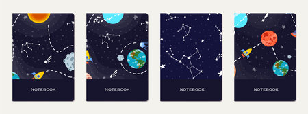 School notebook cover design with cartoon galaxy. Cute design for kids school notebooks and diaries. School notebook with hand drawn galaxy.のイラスト素材
