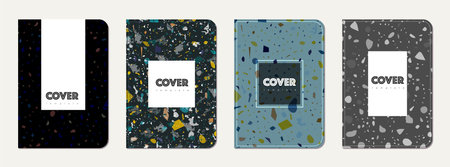 School notebook cover design. Terrazzo abstract background made of natural stones, granite, quartz and marble. Venetian terrazzo texture school notebook template.のイラスト素材