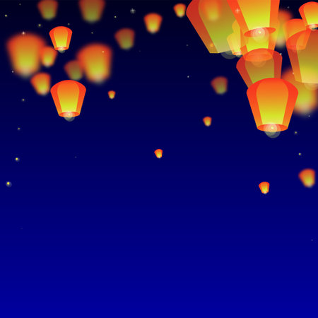Loy krathong festival card. Thailand holiday with paper lantern lights flying in the night sky. Loy Krathong celebration. Vector illustration on dark blue background.のイラスト素材