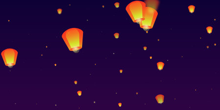 Loy krathong festival card. Thailand holiday with paper lantern lights flying in the night sky. Loy Krathong celebration. Vector illustration on purple gradient background.のイラスト素材
