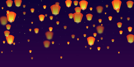 Chiang Mai celebration of Loy Krathong. Thailand holiday with paper lantern lights flying in the night sky. Chiang Mai cultural tradition. Vector illustration on purple gradient background.のイラスト素材